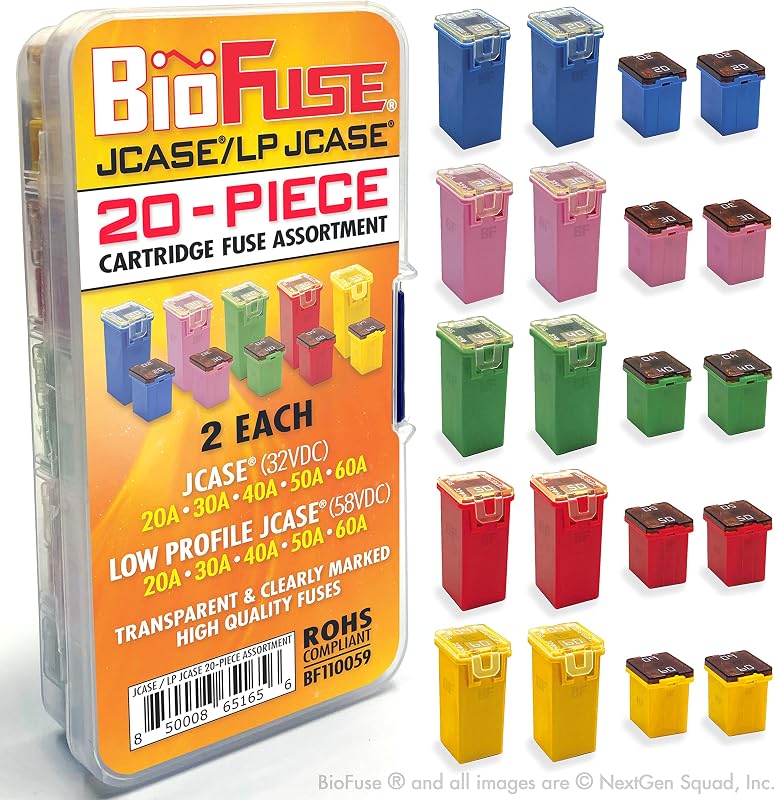 Kit de fusíveis automotivos JCASE e LPJCASE BIOFUSE 20 A a 60 A – 20 peças