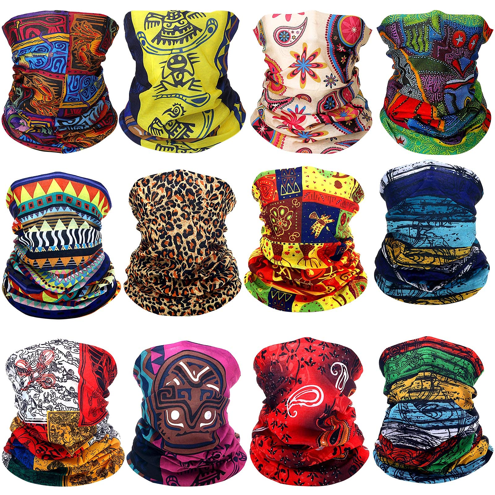 12 Pcs African Neck Gaiter Bandanas for Women Head Wrap Boho Balaclava Coverings Print Face Scarf Multi Color Medium