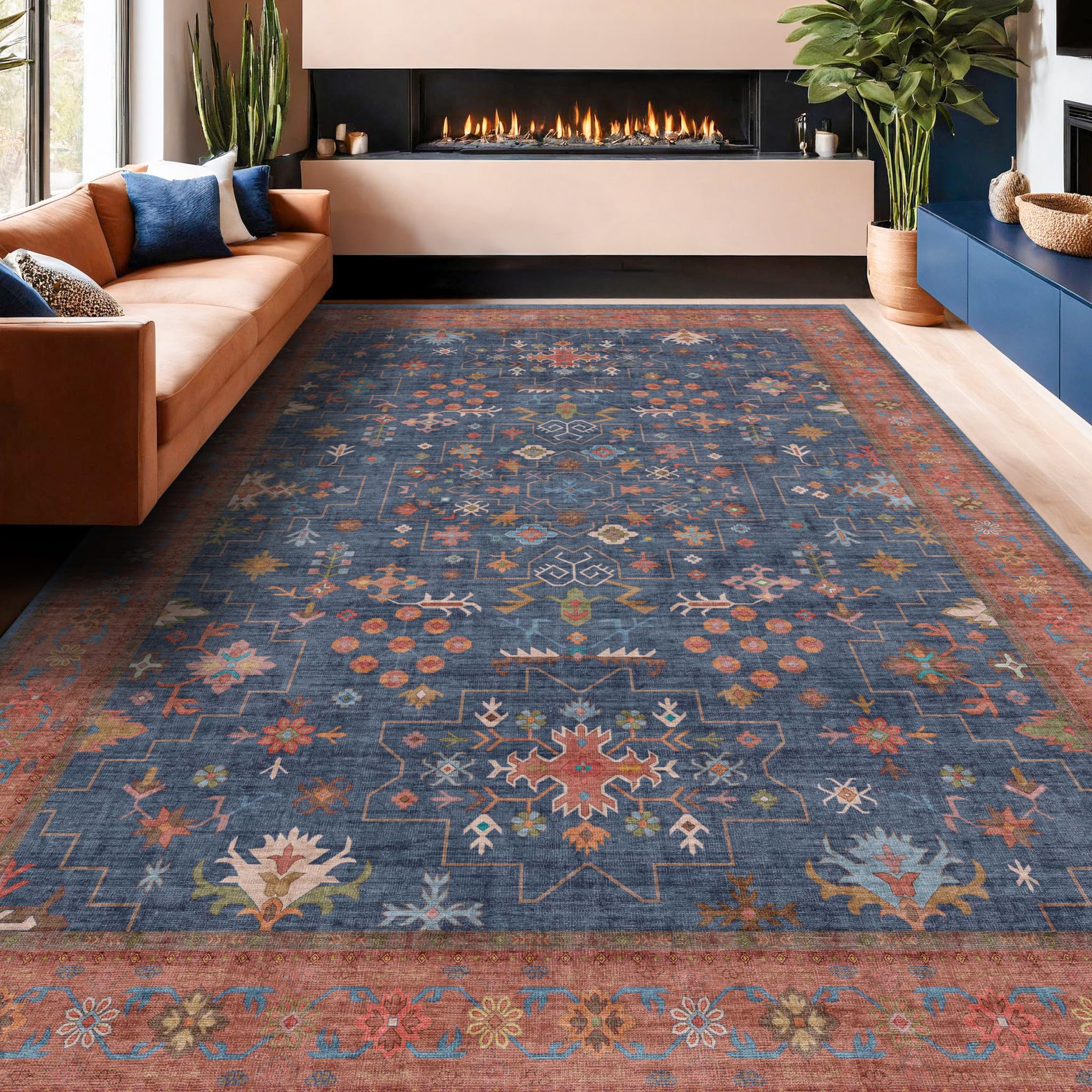 9x12 Dining Room Rugs for Under Table - Washable Navy Blue Area Rug for Living Room, Low Pile Non-Slip Rugs for Bedroom - Charming Boho Design & Stain Resistance (9x12 Navy Blue)