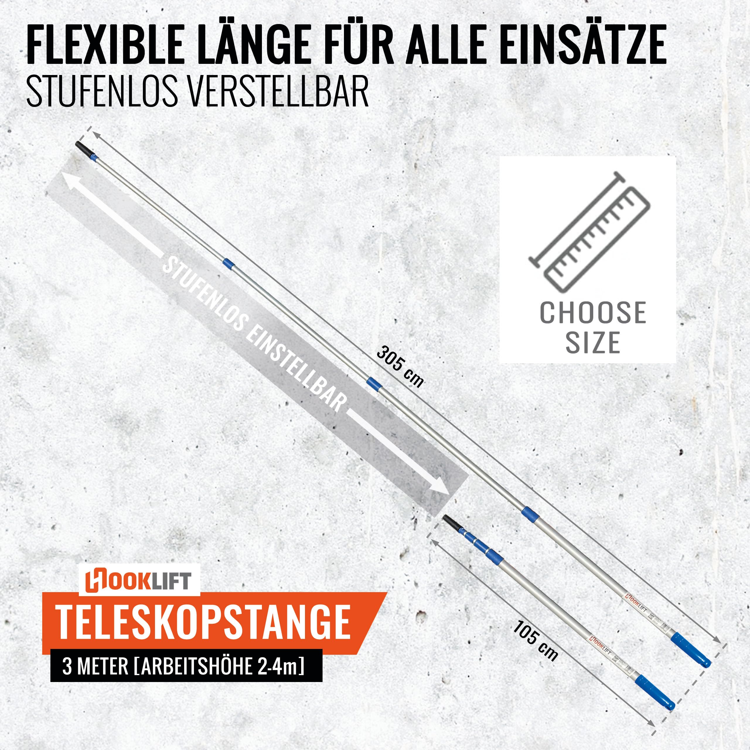 die KÜRZESTE 3m Alu-Teleskopstange mit Adapter, stufenlos von 105 bis 305 cm verstellbar; ideal für das neuartige Magnet-Haken-System viele weitere Werkzeugaufsätze nutzbar