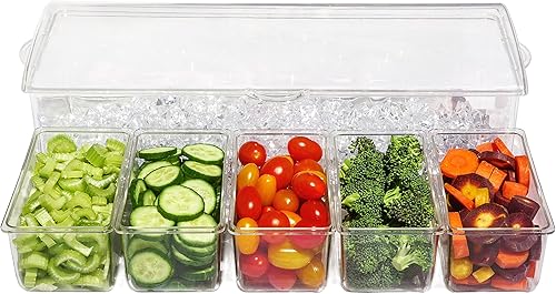 Miniatura 6 de Contenedor para refrigerar con hielo ingredientes con 5 compartimientos removibles, con capacidad de 2 tazas cada uno y tapas abatibles, Transparente