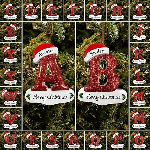 Miniatura 4 de Colgante personalizado de resina para árbol de Navidad con 26 letras, texto con nombre, colgante de decoración de letra roja para árbol de Navidad,
