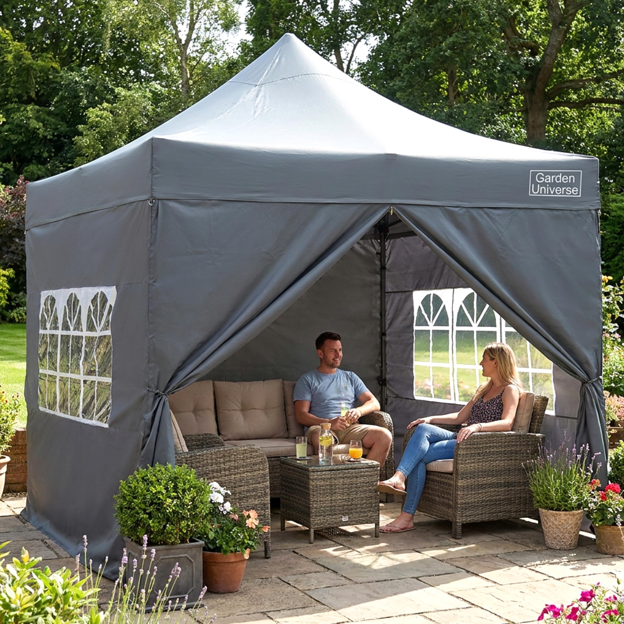 Garden Universe 3m x 3m Pop-Up Gazebo with Sides Weight 34kg Heavy Duty Grey Waterproof Commercial Grade Market Stall Leg Weights Wheeled Carry Bag Marquee Canopy Party Tent GAZ10-Grey — image 1