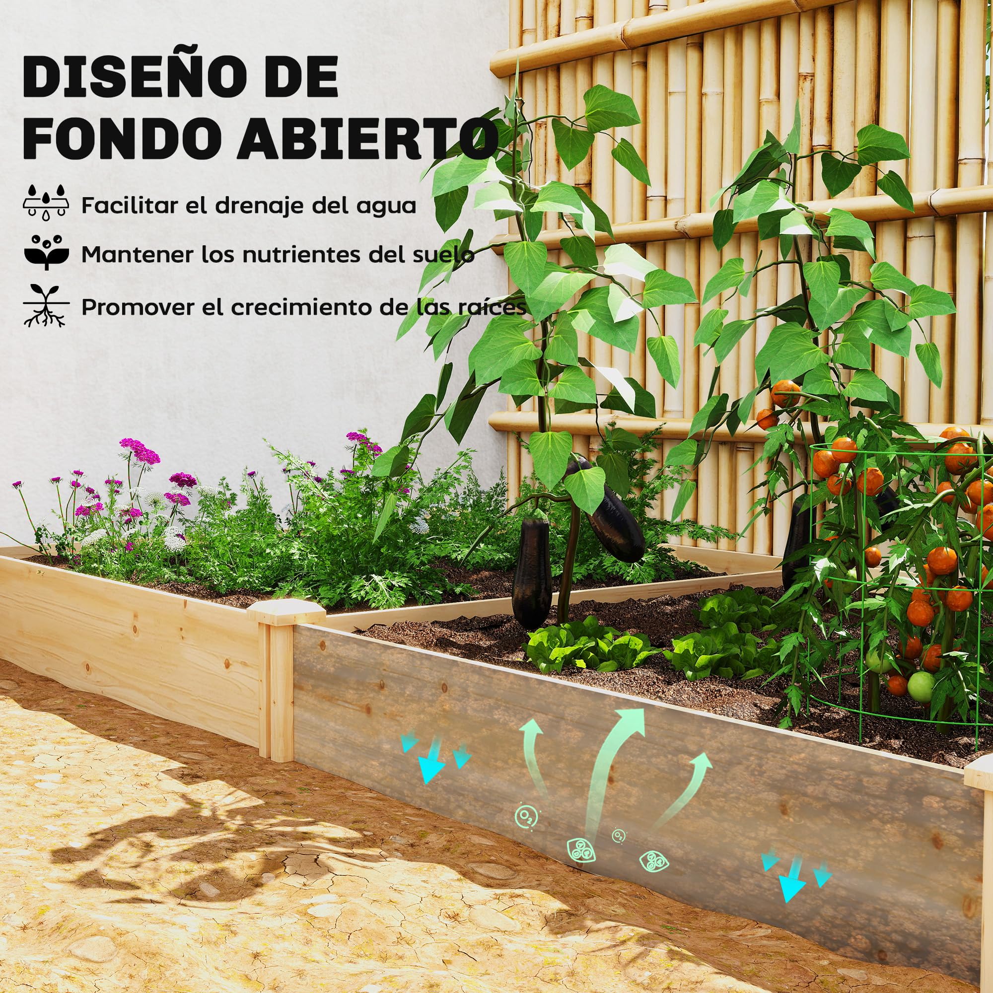 Outsunny Jardinera Elevada de Madera, Huerto Urbano para Cultivar Plantas, Macetero Exterior con Divisor y Base Abierta, Pintura DIY, para Jardín, Terraza, 235x121x26 cm, Natural