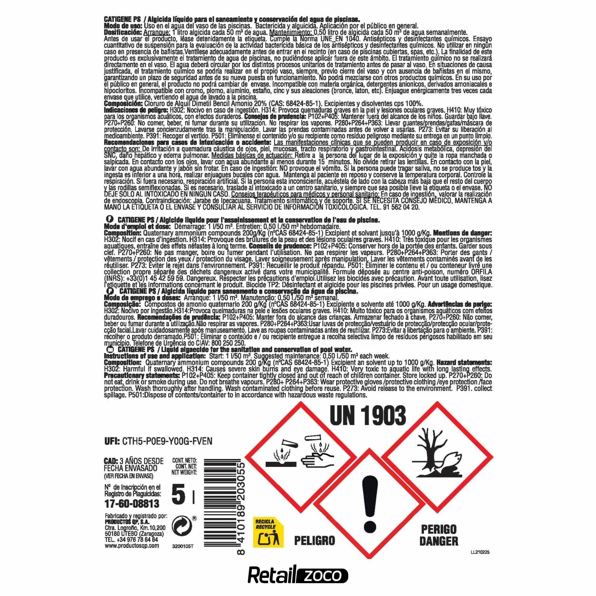 Algicida Larga Duración, biocida Especial Piscinas, alguicida, bactericida y fungicida no espumante, antialgas preventivo, Fabricado en España, Forma Liquido, Contiene 5 litros