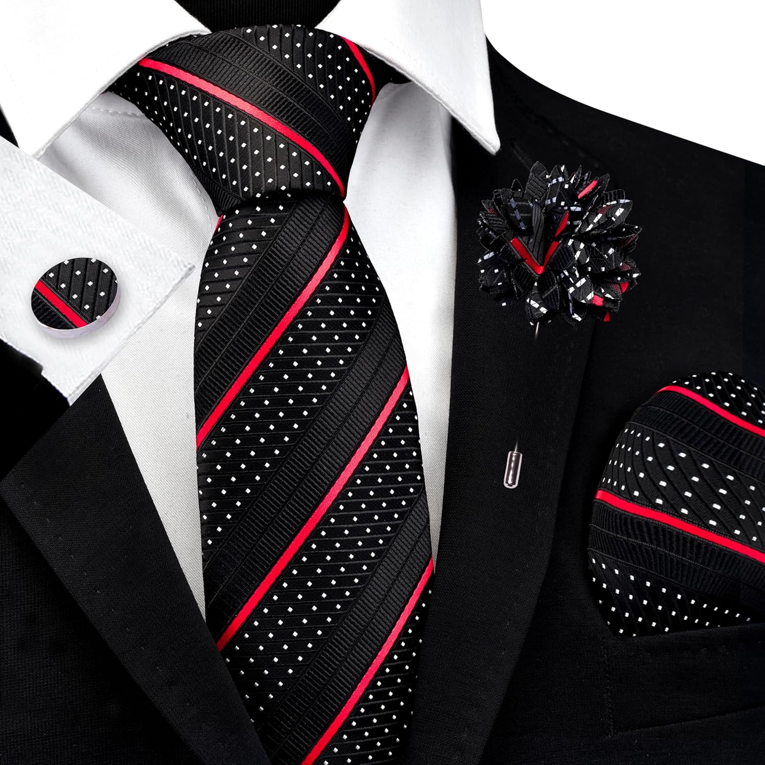 GUSLESON 3.15"(8cm) Mens Stripe Tie and Lapel Pin Necktie Hankerchief Cufflinks Set for Men - Image 2