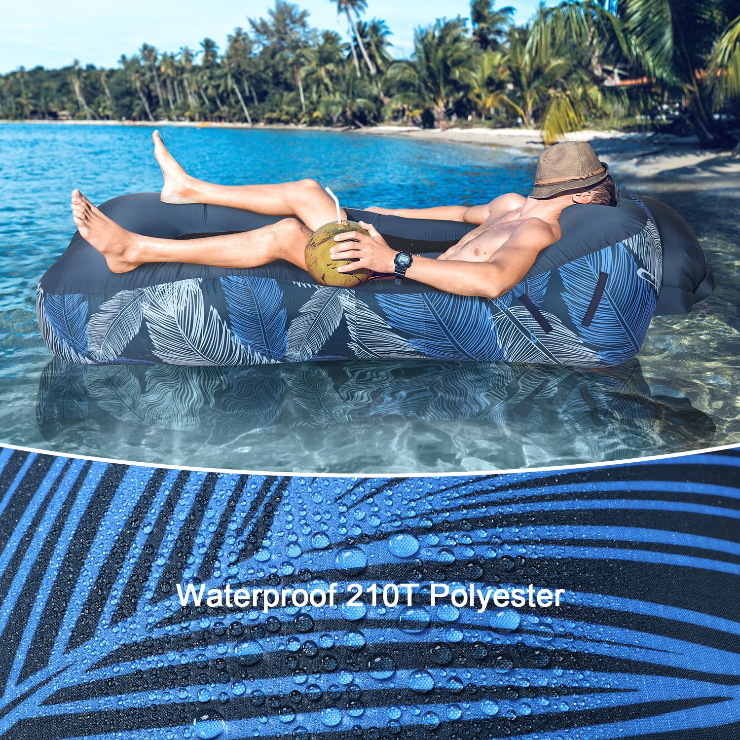 Aufblasbares Sofa mit Sonnenschirme, Luftsofa Faltbar Tragbar, Wasserdicht Camping Sofa mit Tasche, Strandliege Air Lounger mit Mesh-Rücken für Garten Strand Picknick, Marineblaue Feder