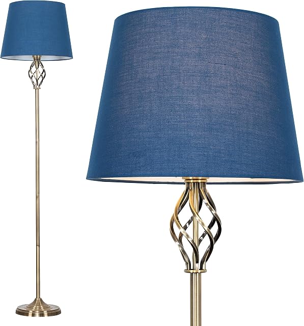 MiniSun Traditional Style Antique Brass Barley Twist Floor Lamp with a Navy Blue Tapered Light Shade