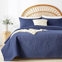 WURUIBO Navy Blue Quilt Set Twin Size, Embossing Microfiber Bedspreads with Pillow Sham, Ligthweight Breathable Thin Coverlet, Reversible Bedding Set for All Season 1 Quilt, 1 Pillow Sham