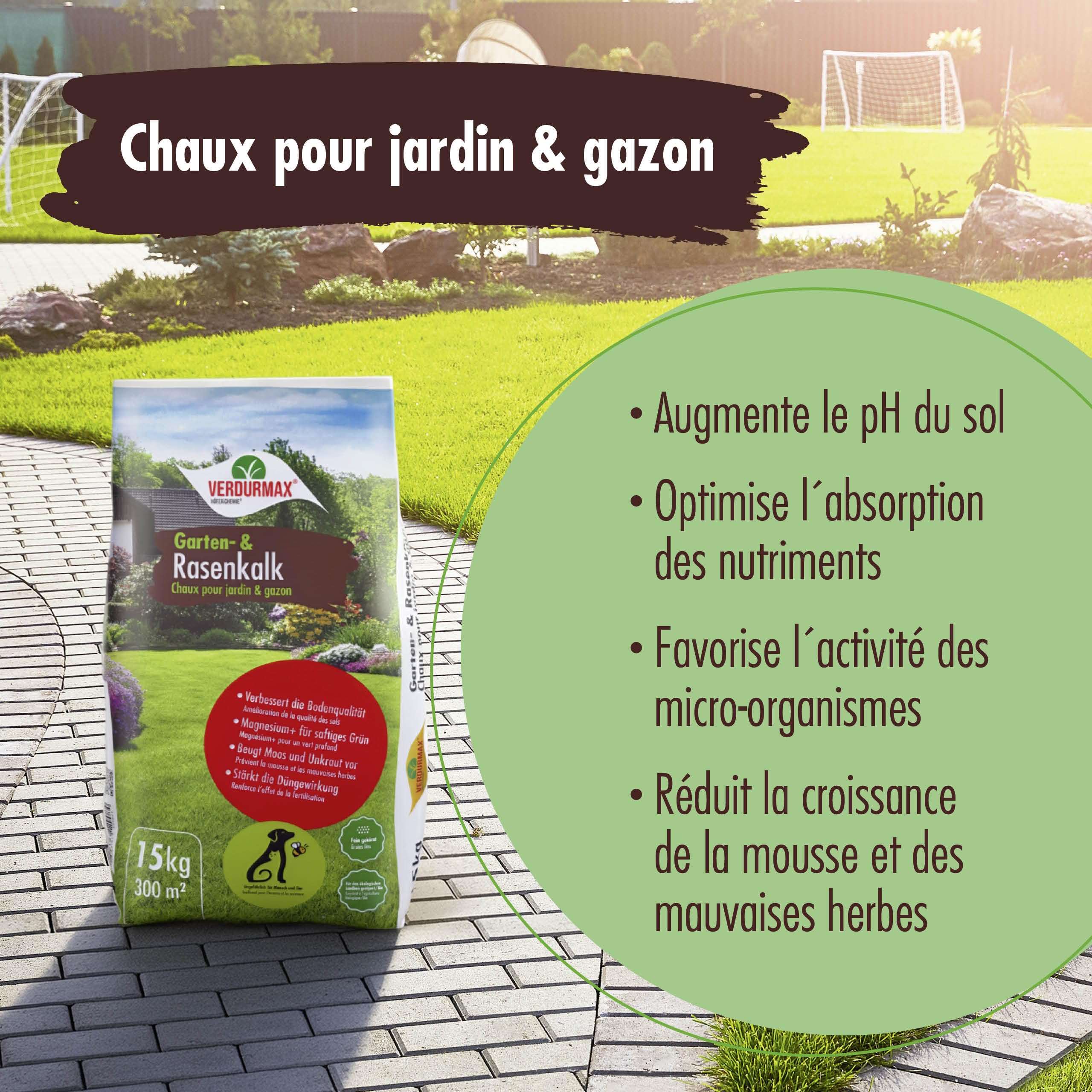 Verdurmax 15 kg de chaux pour jardin et pelouse - Optimisation du pH - Amendement calcaire avec magnésium pour un vert intense - Améliore l’absorption des nutriments par l’herbe et les plantes