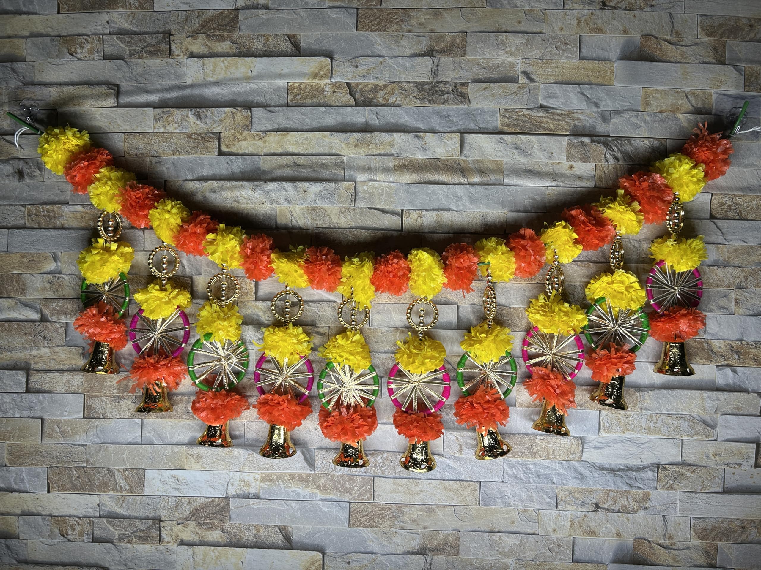 EXEMARTZ Traditional Door Hanging Toran, Artificial Marigold Garland with Golden Bells, Orange and Yellow (40 inches Length, Multicolor)