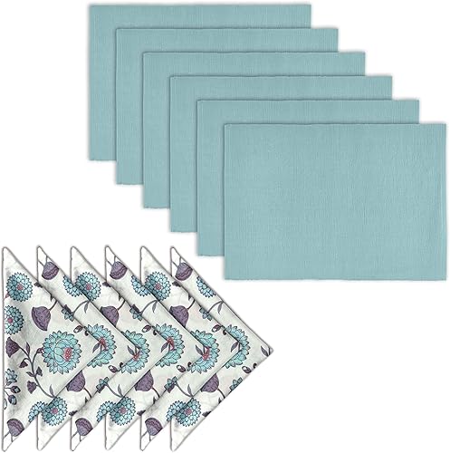 AVKA Studio Paquete de manteles de algodón acanalado y servilletas con estampado de algodón, paquete de 6 unidades, color azul