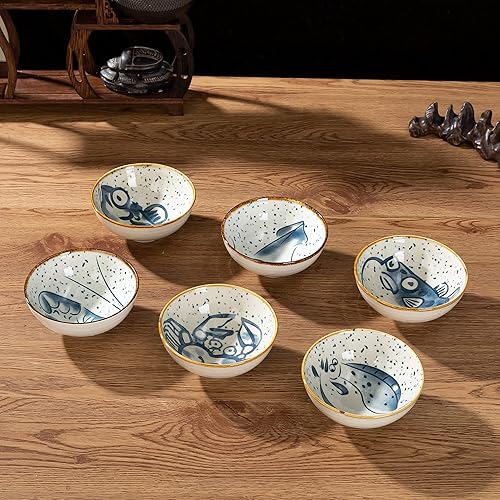 Miniatura 3 de TJ Global Juego de 6 cuencos de cerámica tradicional japonesa con diferentes diseños de pescado para arroz, ensalada, sopa, cereales, aperitivos,