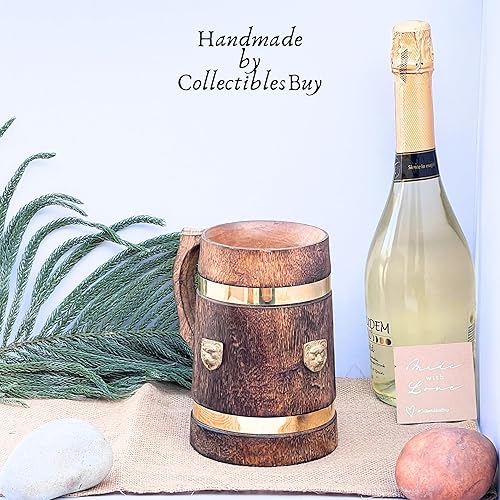 Miniatura 6 de collectiblesBuy Taza de cerveza de madera hecha a mano con placa de león de latón, jarra rústica estilo medieval Stein para cerveza, café, té,