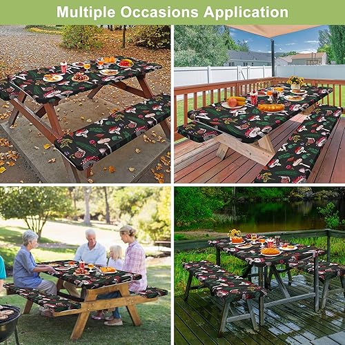 Miniatura 7 de Mantel de mesa de picnic con fundas de banco de 6 pies, 3 piezas, impermeable, resistente al viento, mantel de camping estético con bolsa con