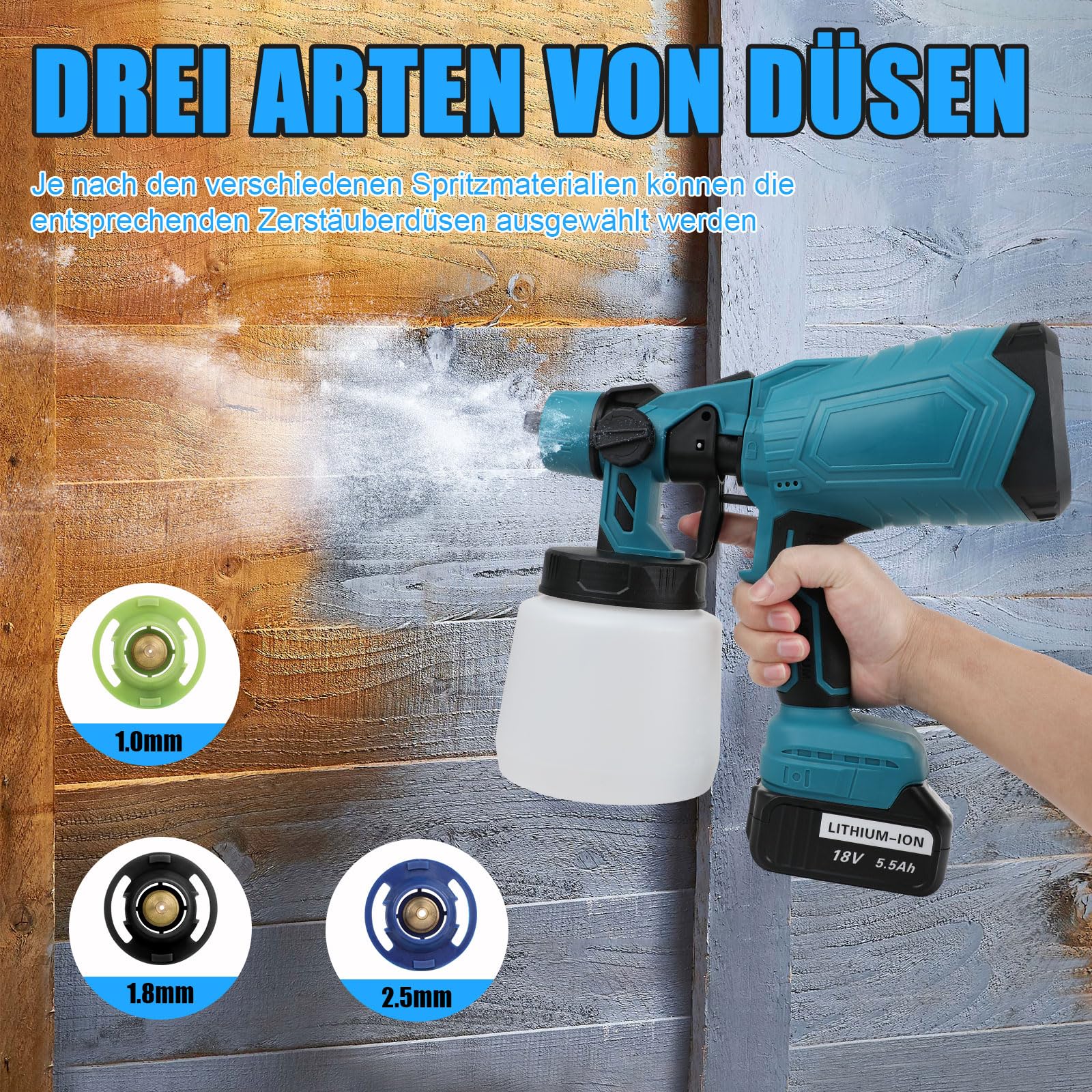 Sistema di spruzzatura a batteria, con batteria da 2 x 5500 mAh, pistola per verniciatura elettrica, 1000 ml, grande contenitore, per dipingere pareti, soffitti, mobili, recinzioni da giardino