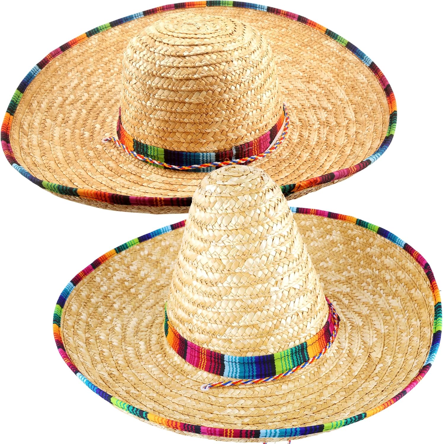 2 Pack Mexican Sombrero Hat Large Sombrero Straw Hat with Rainbow Serape Trim for Adults Teens Mexican Fiesta Party Fancy Dress Costume Accessories, 2 Styles
