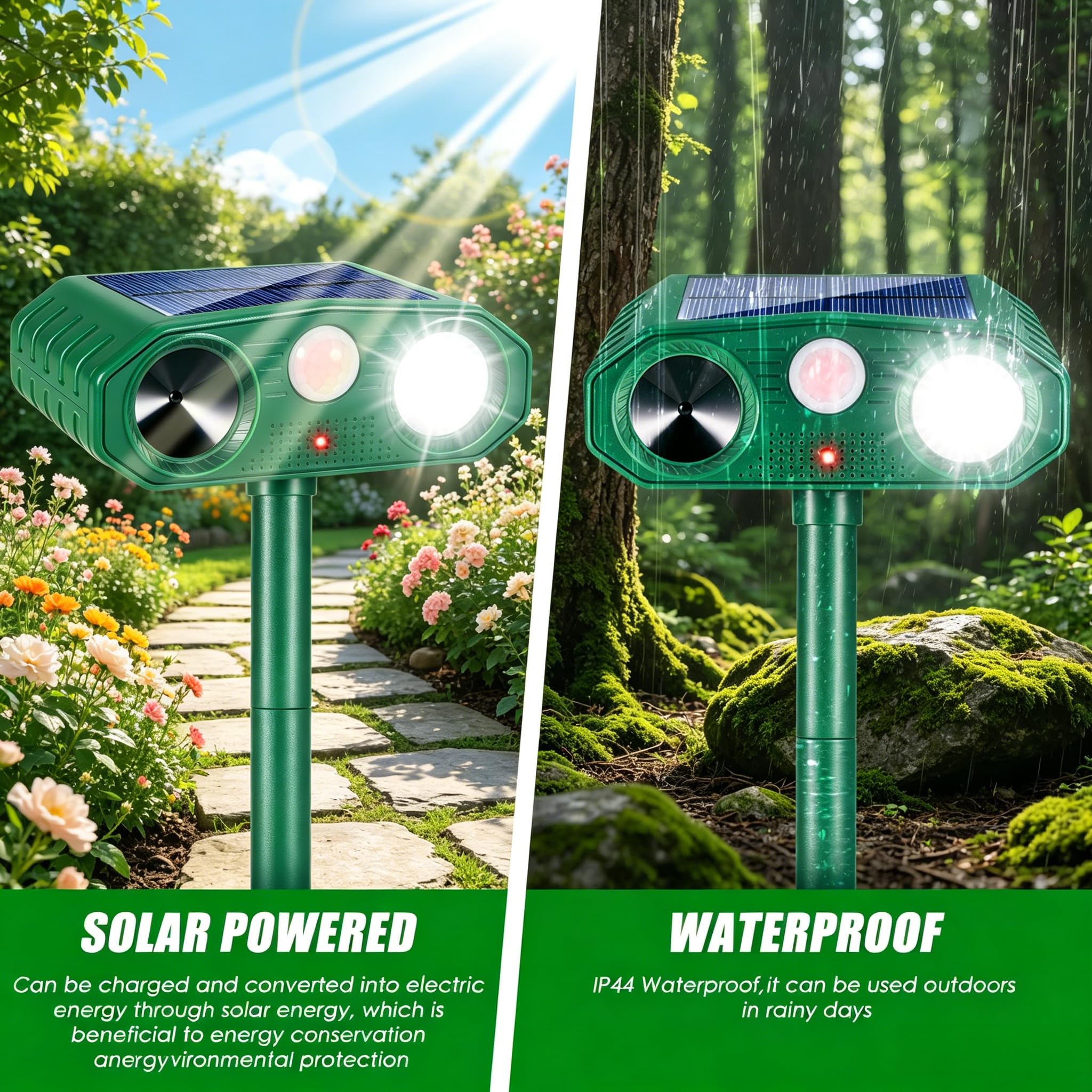 Repellente solare per animali all'aperto, repellente per gatti all'aperto, USB e frequenza regolabile, per cervi coyote, puzzole, procioni, volpi, deterrenti per animali leggeri, con sensore di