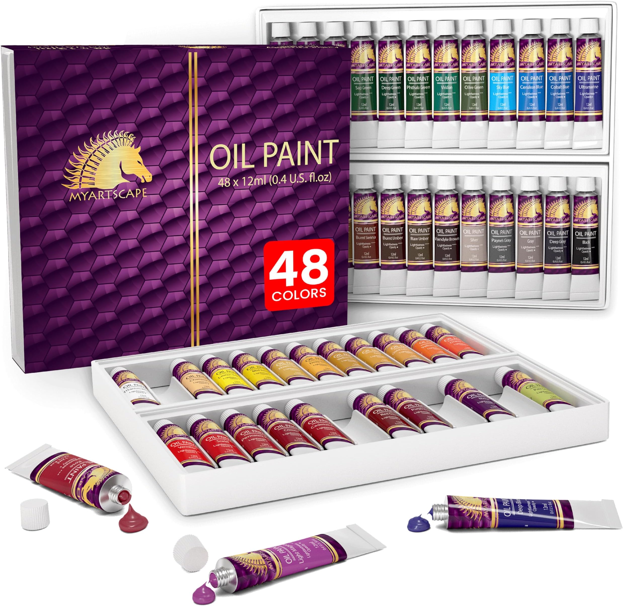 Myartscape Oil Paint Set - 12ml x 48 Tubes - Lightfast - Heavy Body - Highly Pigmented Oil-based Colors - Excellent Coverage - Artist Quality Painting Supplies - Professional Craft Paints