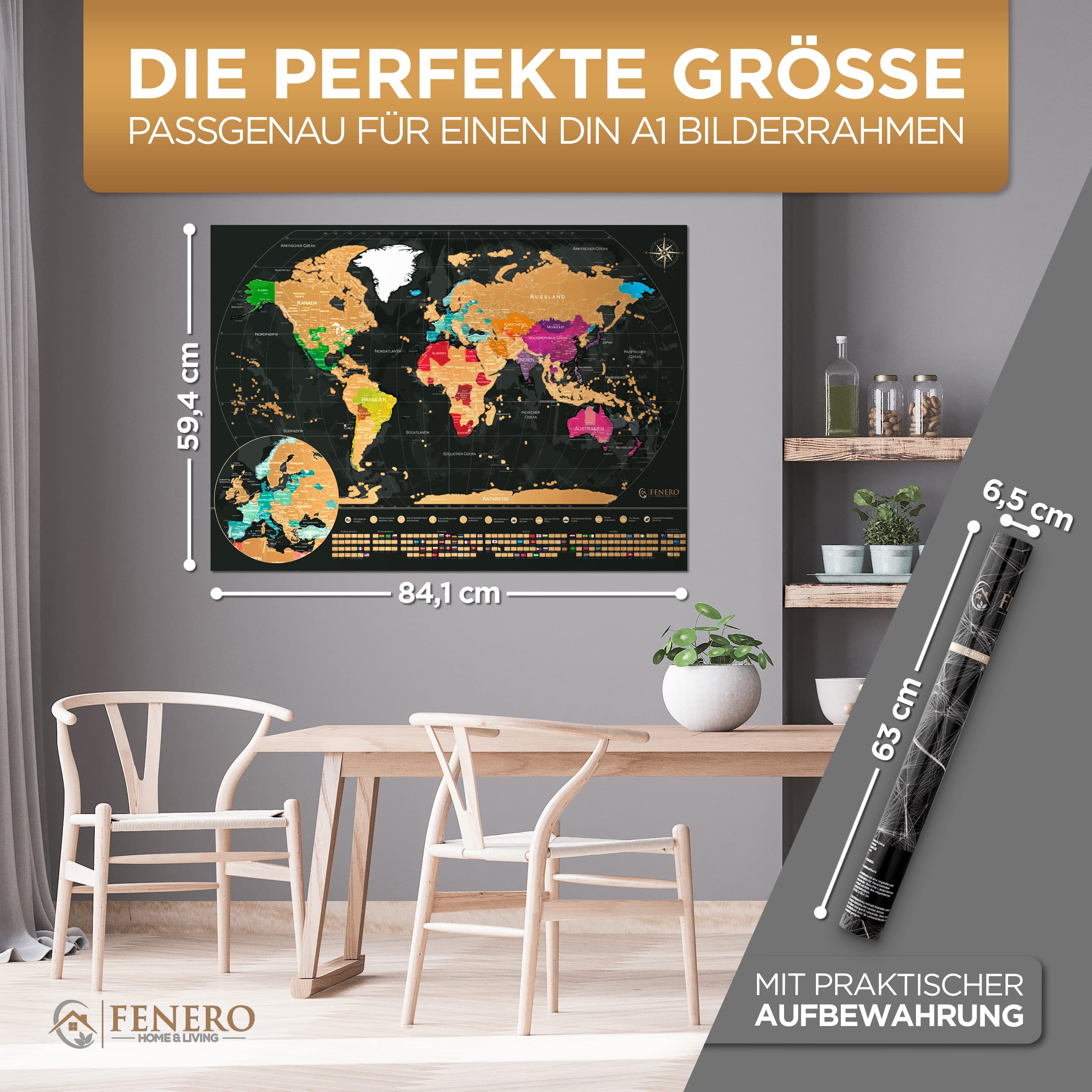 FENERO Weltkarte zum Rubbeln XXL [DIN A1] - aus exklusivem Kunststoff - Rubbel-Weltkarte Deutsch - Landkarte zum Rubbeln mit Marker, Plektrum & Täschchen - GOLD