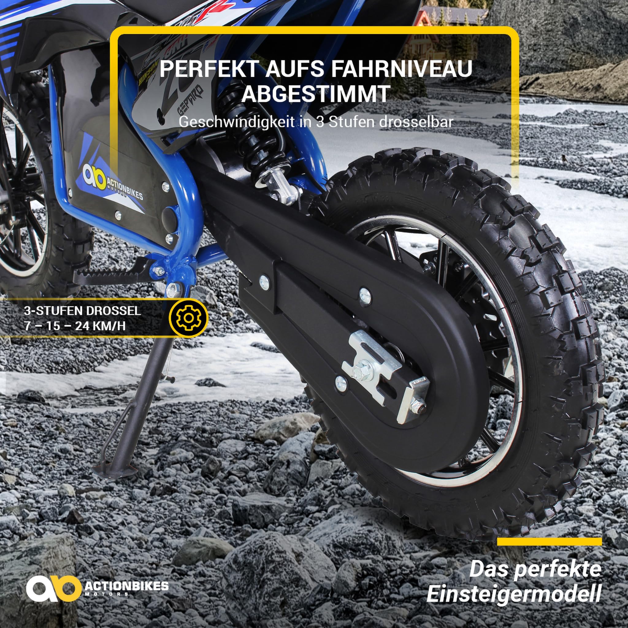 Actionbikes Motors Kinder Elektro Crossbike Gepard | 𝟱𝟬𝟬 Watt Motor bis 𝟐𝟒 km/h - Motorrad - Pocket Bike - Dirt Bike - Motocross - Pocketbike - Motorsport - Dirtbike - Enduro ab 8 Jahren (Blau)