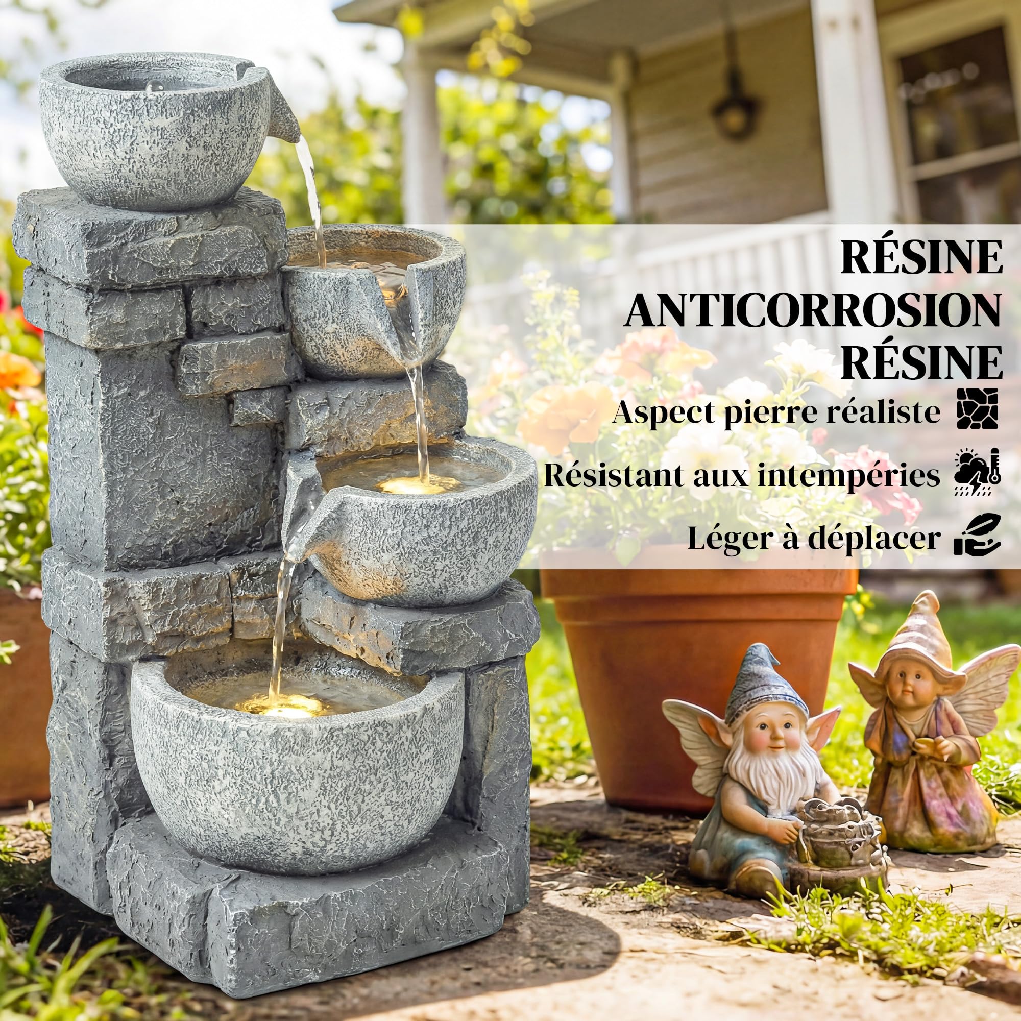 Outsunny Fontaine de Jardin Cascade 4 Niveaux - Décoration Effet Pierre et Brique avec Éclairage LED - Pompe à Eau Réglable pour Terrasse, Balcon et Salon (54,5 cm), Gris