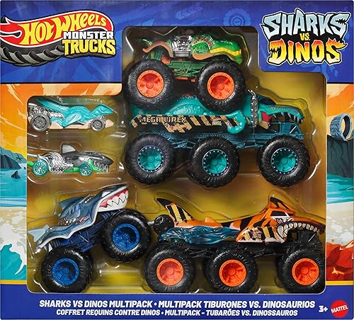 Miniatura 6 de Hot Wheels Carros de juguete y camiones monstruo, Sharks vs. Dinos, paquete múltiple con 2 grandes plataformas, 2 camiones monstruo a escala 164 y 2