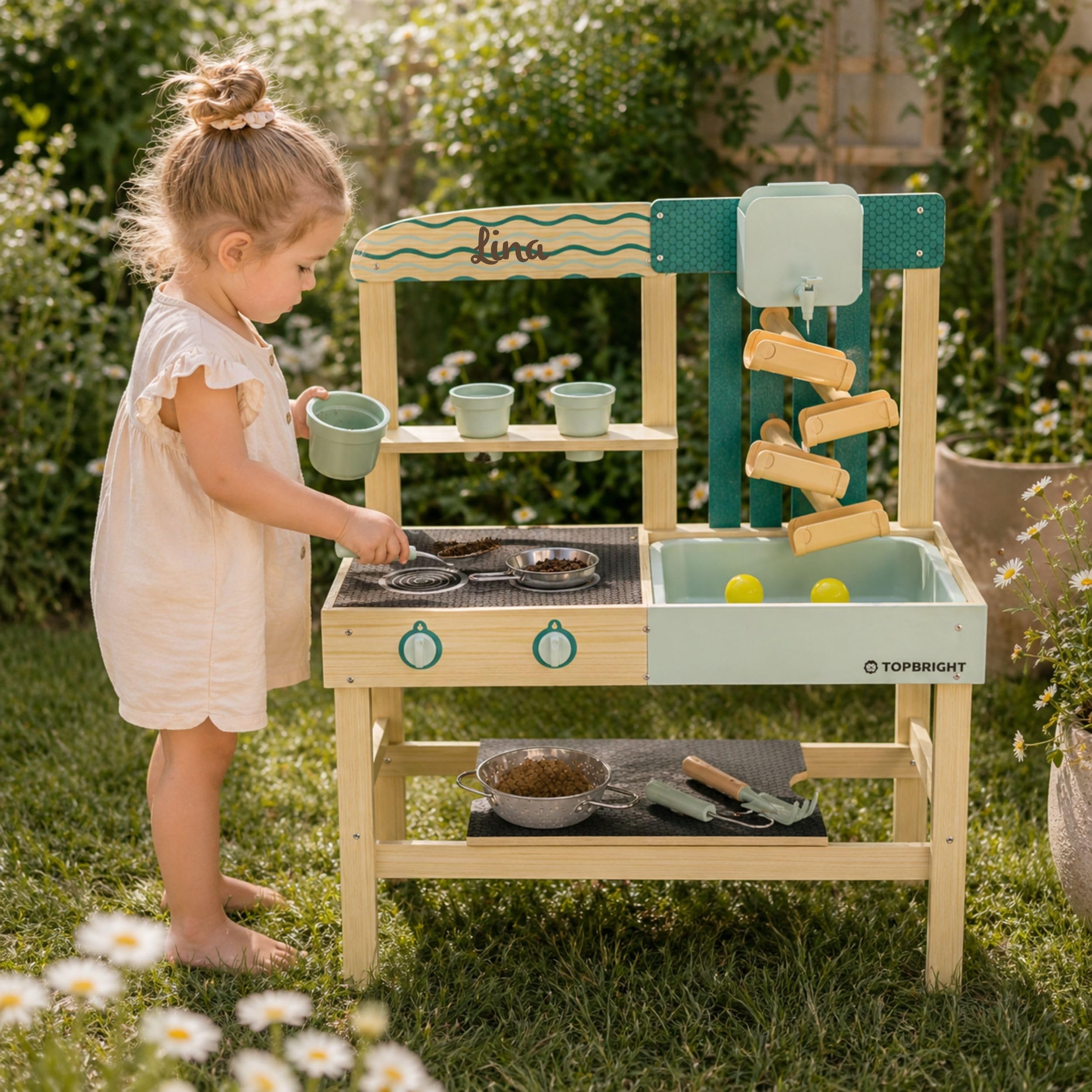 Cocina de juego personalizable para niños al aire libre con depósito de agua y accesorios de madera – Juguete de jardín para niños a partir de 3 años, juguete de exterior con pista de agua, accesorios
