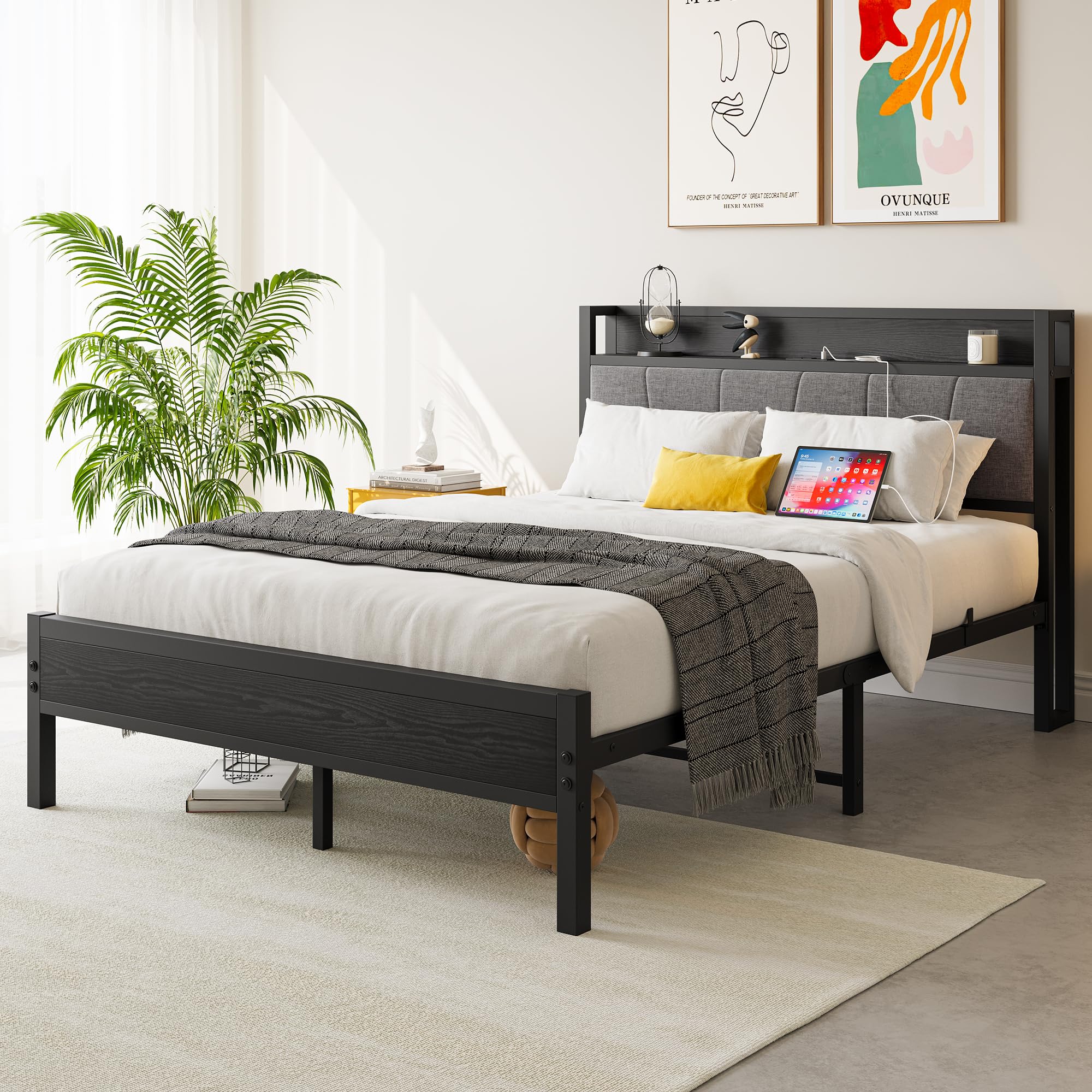 (incomplete and used)Full Size Bed Frame with Storage Headboard,Metal Platform Bed with Charging Station,Fabric Upholstered Mattress Foundation with Metal Slats Support,No Box Spring Needed,Easy Assembly (Black, Full)