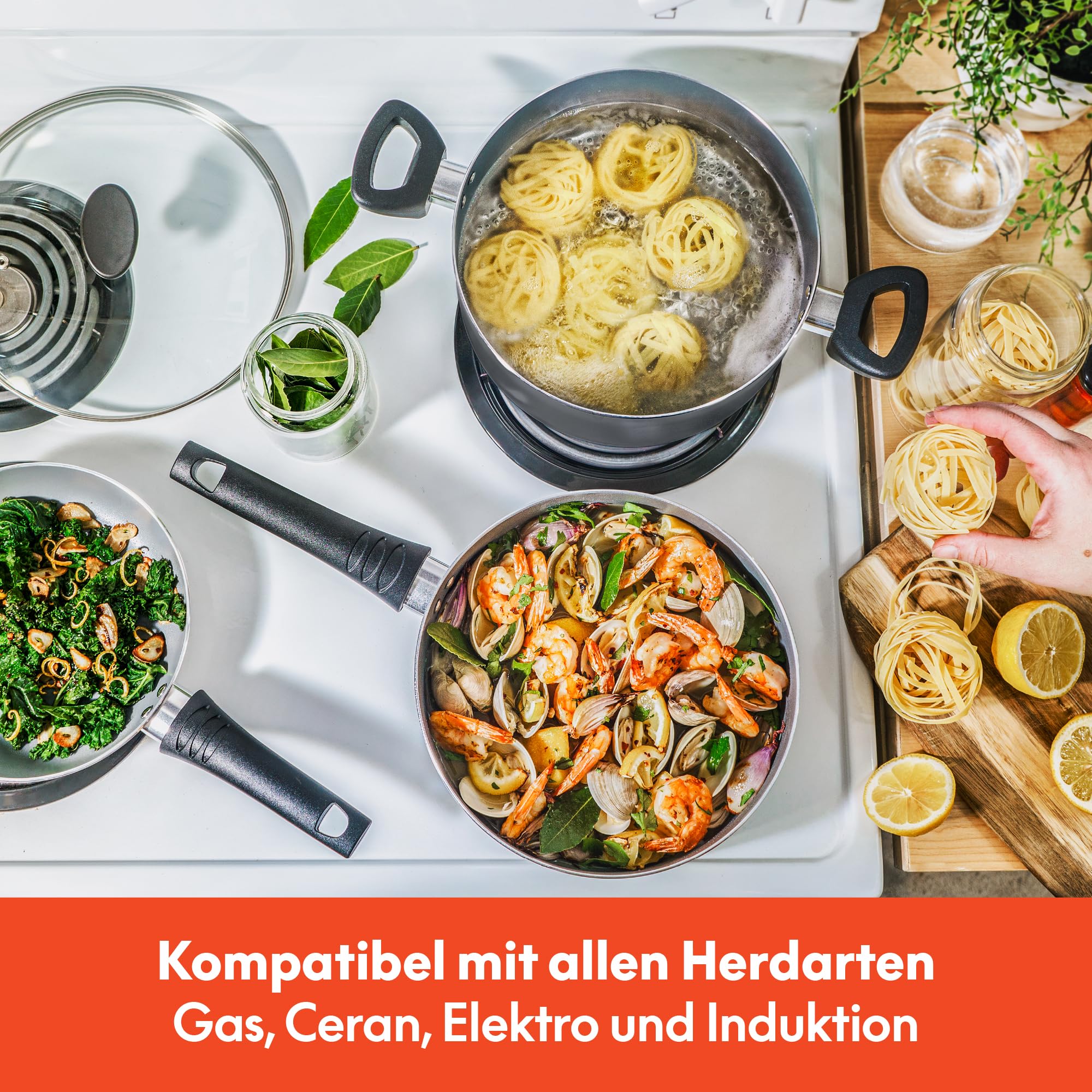 bella Antihaft-Kochgeschirr-Set mit Glasdeckeln - Aluminiumbackzubehör, Töpfen und Pfannen, Aufbewahrungsschüsseln und Utensilien, für alle Herdarten geeignet, 21 Teile, schwarz