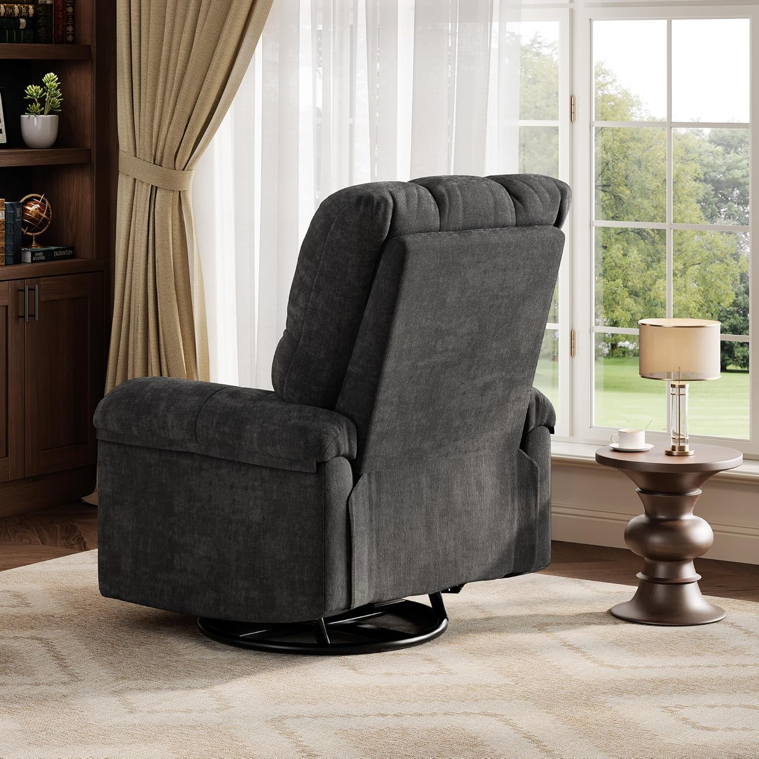 GarveeHome Recliner Chair, 360° Swivel Rocker Glider Nursery Chair with Padded Armrest and Deep Seat, Chenille Upholstered Reclining Sofa Chair for Living Room, Bedroom and Nursery (Black)