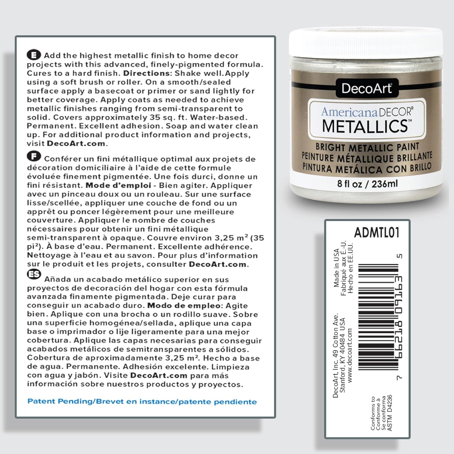 DecoArt Americana Decor Metallics Paint – Pearl, 3 Pack (8 fl oz) – DIY Metallic Paints for Furniture, Home Décor & Craft Projects
