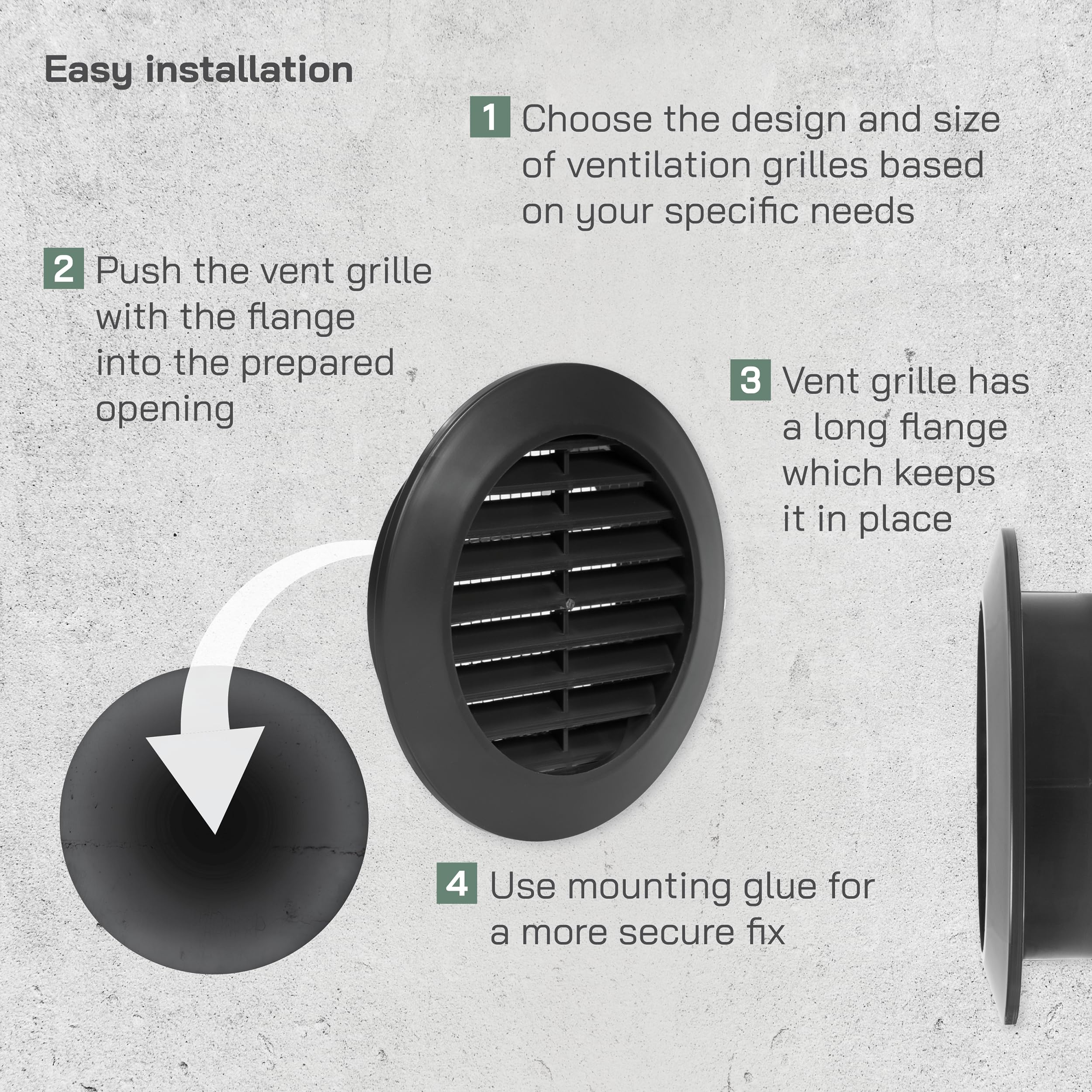 Vent Systems Grille d'aération noire de 70 mm pour porte d'aération – Mini cercle – Grilles d'aération d'intérieur – Pour salle de bain, armoire, garage à travers la grille d'aération