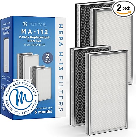 Medify MA-112 Genuine Replacement Filter Set for Allergens, Smoke, Wildfires, Dust, Odors, Pollen, Pet Dander | 3 in 1 with Pre-filter, HEPA H13 and Activated Carbon | Removal to 0.1 Microns | 2-Pack
