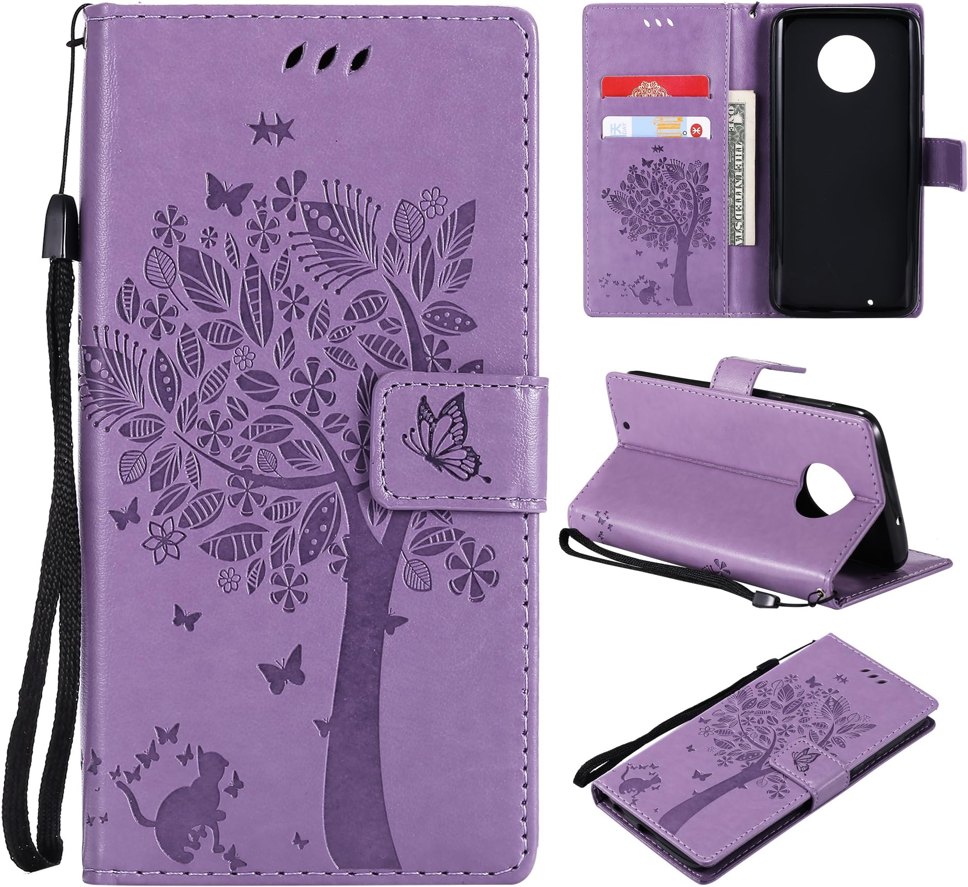 Aslim Moto G6 Case,Moto G (6th Generation) Flip Case,Moto G6 PU Leather Wallet Embossed Floral Tree Cat Case with Kickstand Flip Cover Card Holder for Moto G6 Light Purple