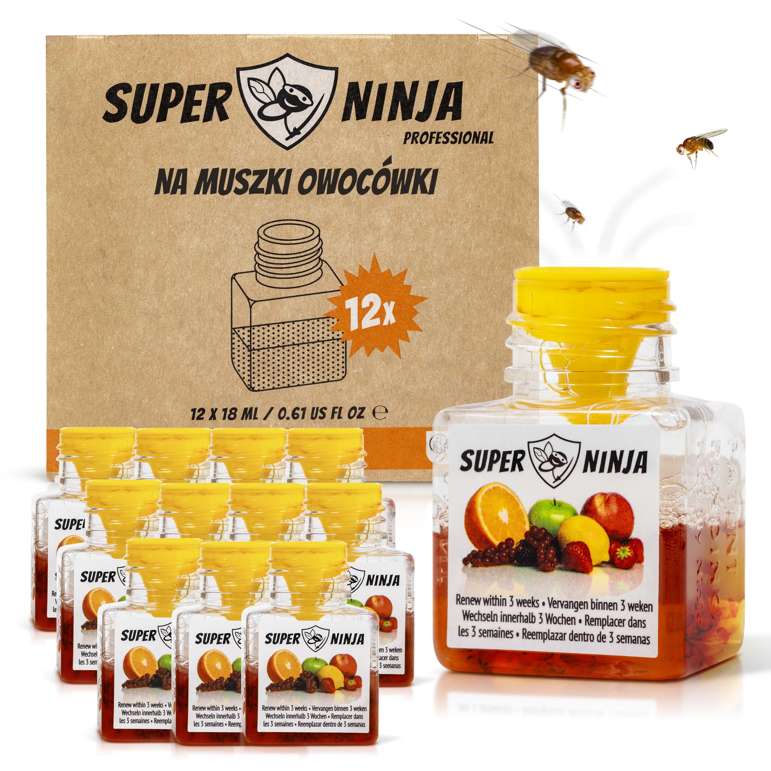 Super Ninja Pułapka na muszki owocówki do kuchni – 12 szt., naturalny płynny wabik, działanie do 3 tygodni, bez toksycznych składników