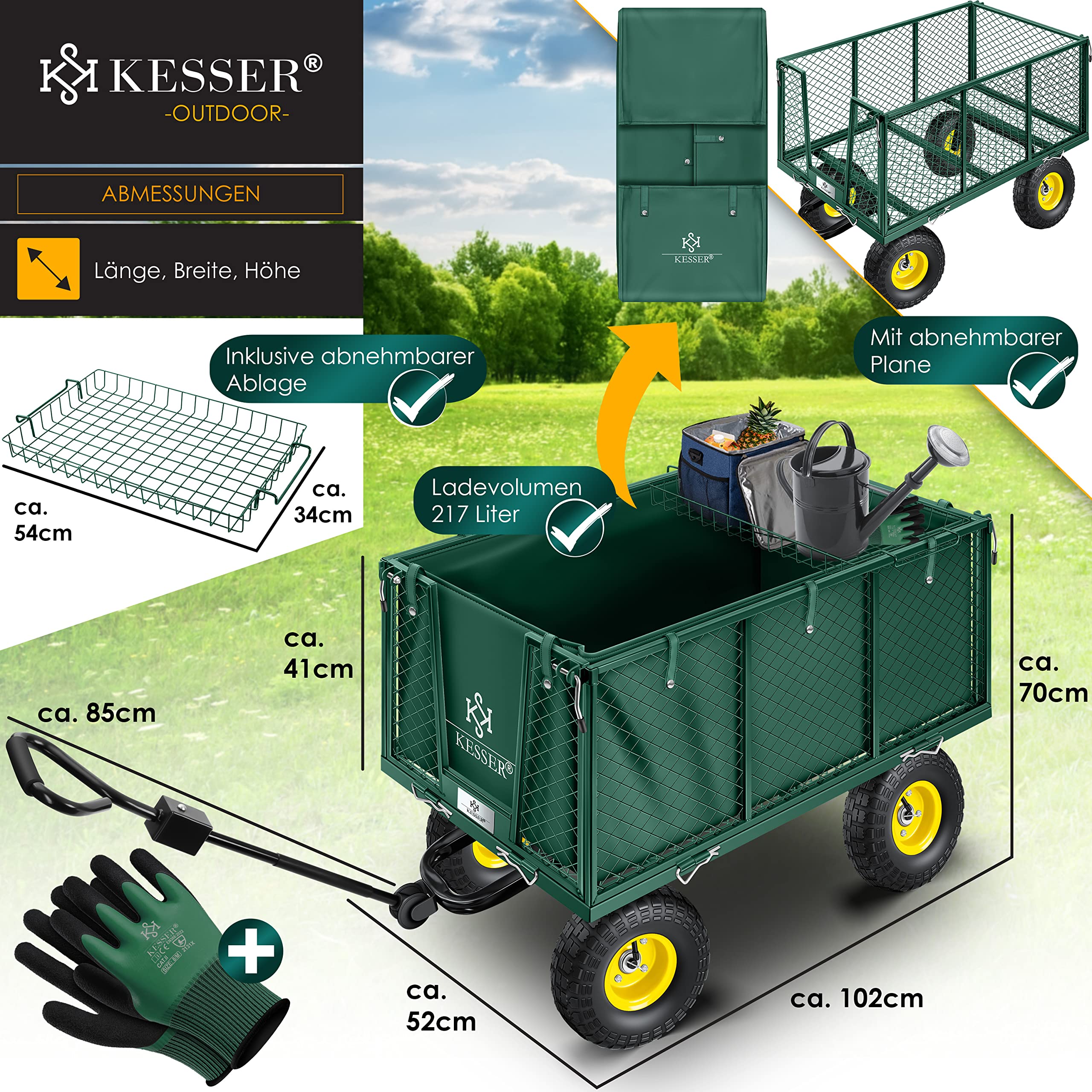 KESSER® - Chariot de transport polyvalent avec bâche amovible, charge maximale : 550 kg, idéal pour travaux de jardinage ou comme remorque, avec gants, Vert