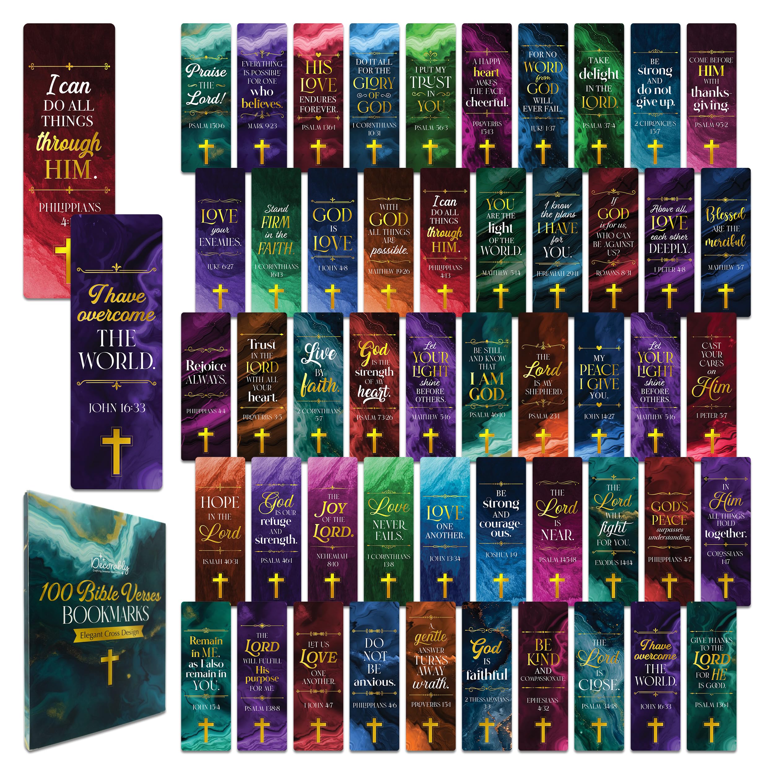 Decorably 100 Pack 2x6in Gold Foil Religious Bookmarks Bulk with Bible Verses Set - 50 Inspirational Double-Sided Designs with Elegant Cross for