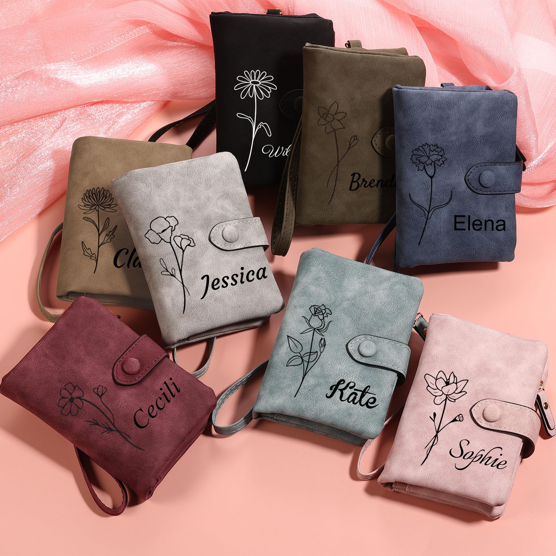 MeMeDIY Personalizado Cuero Carteras de Mujer con Monedero con Cremallera con Pulsera Cartera Pequeña Mujer con Nombre y Flor de Nacimiento Regalos para Novia Esposa Día de la Madre - Rosa