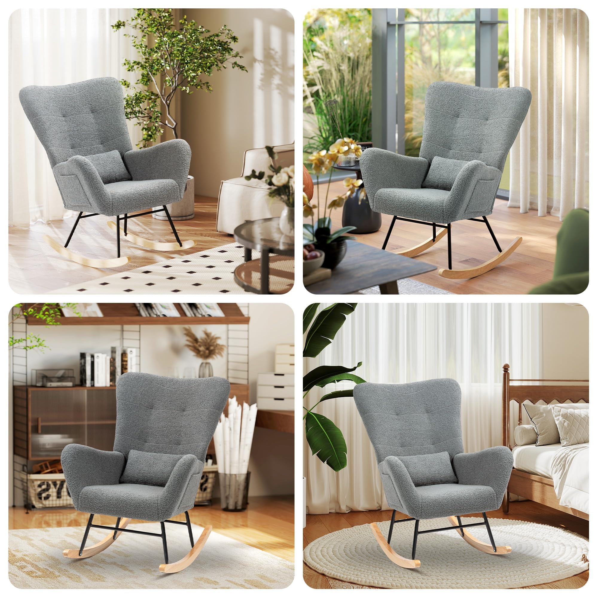 HOMCOM Silla Mecedora Moderna, Mecedora Tapizada en Terciopelo de Teddy, Sillón de Lactancia con Respaldo Acolchado Alto, Almohada, Patas de Madera, Bolsillo Lateral, para Dormitorio, Salón, Gris