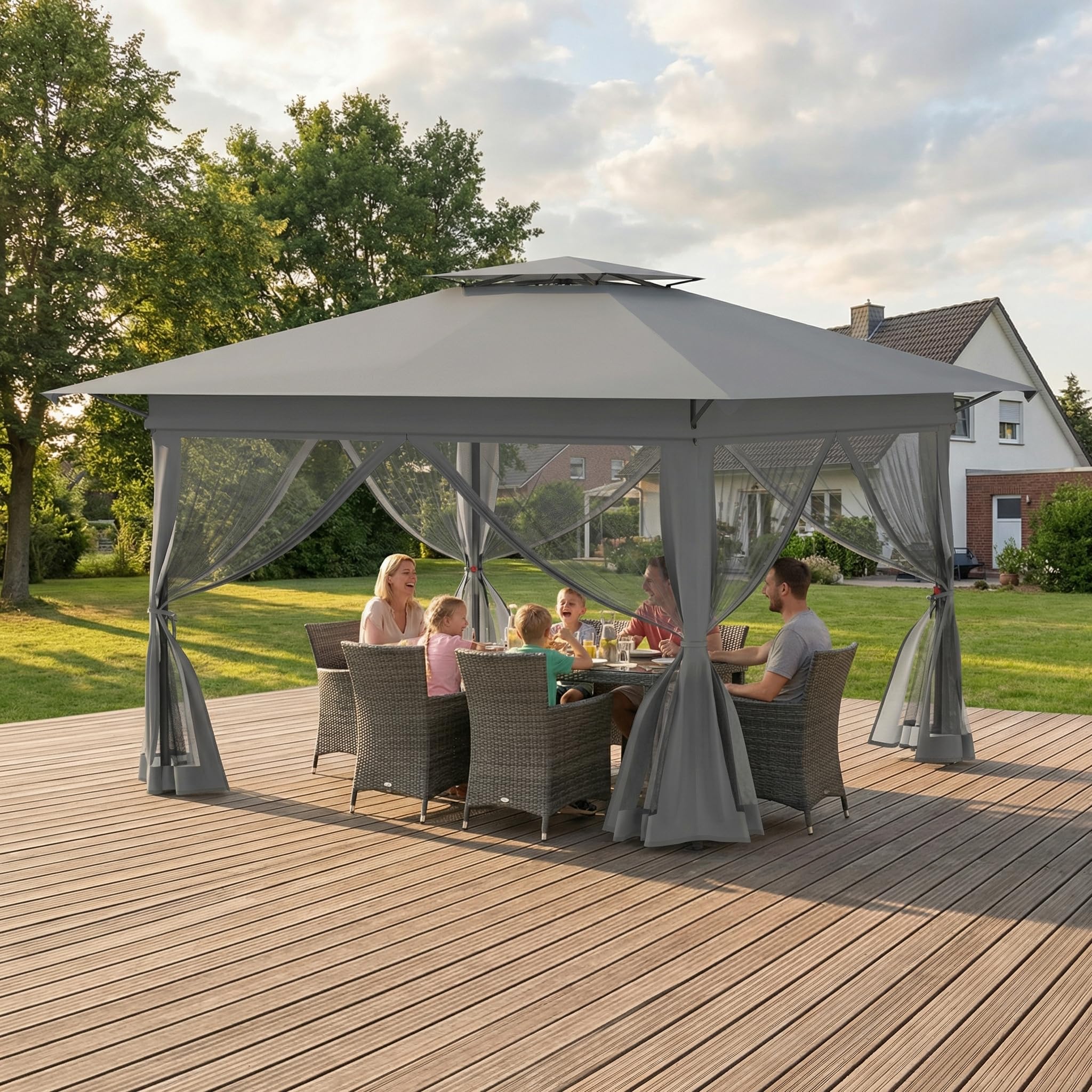 Gazebo da giardino, 3 x 3 m, con 4 x 4 m, impermeabile, doppio tetto e 4 zanzariere e borsa per il trasporto con ruote, regolabile in altezza in 3 livelli, per feste in giardino, barbecue