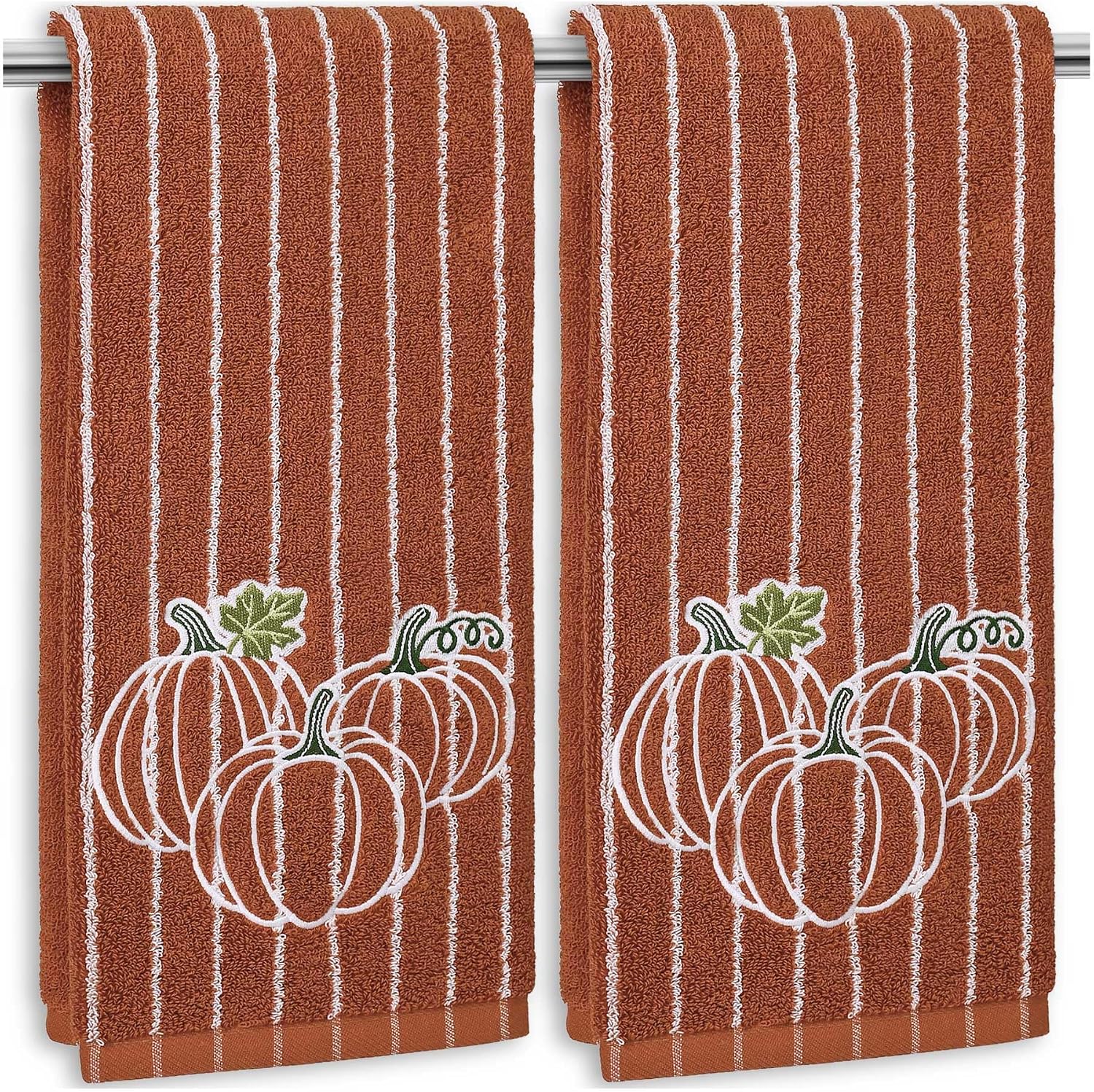 2-Piece Fall Hand Towels with Embroidered Pumpkins, Terracotta Striped