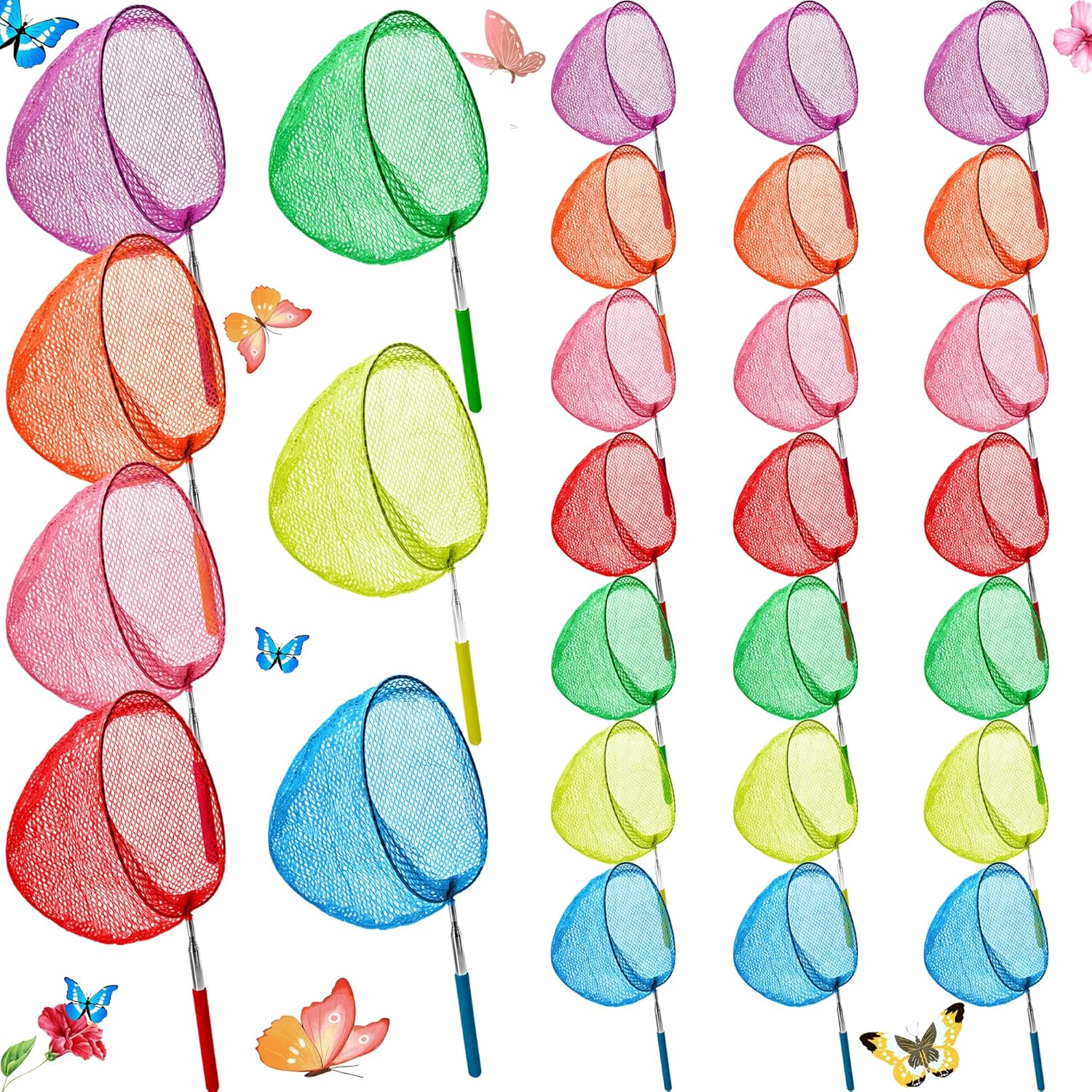 28 Pcs Colorful Telescopic Butterfly Fishing Insect Net Catching Insects Bugs Exploration Beach Outdoor Tools for Adults Outdoor Playing, 7 Colors