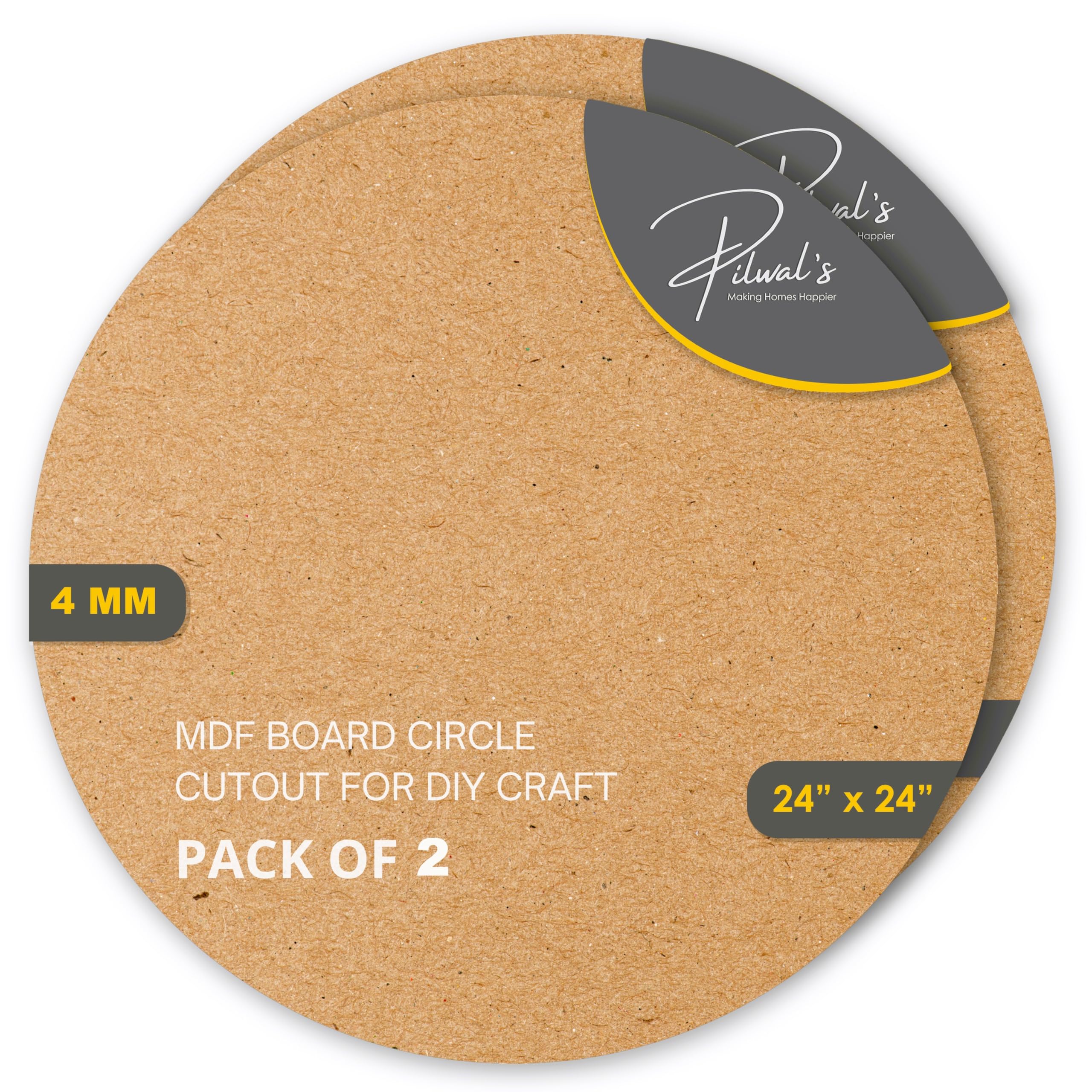 Pilwal's™ 24"x24" inch Round MDF Board for Art & Crafts | MDF Circle Boards Pack of 4 for Clock Base, Painting, Resin, Lippan Art,Mandala Art & DIY Projects (24"x24" INCH, 2 PCS, 4MM)