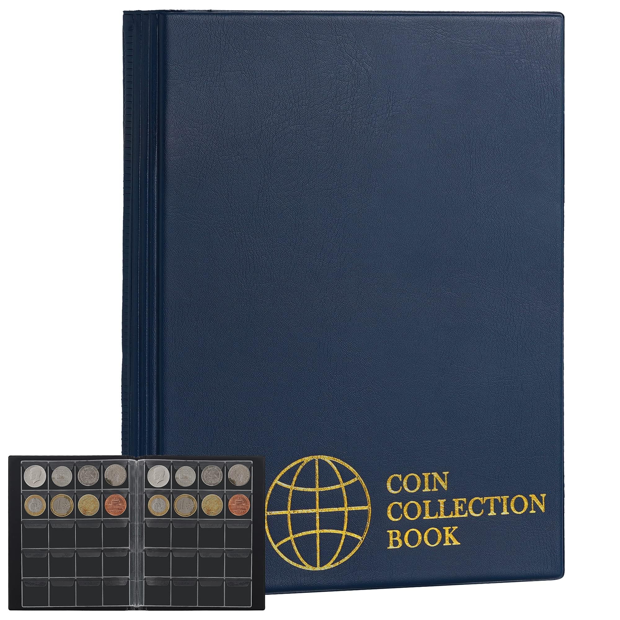 Uncle Paul Coin Albums 200 Pockets - 45×45mm Grid 10 Sheets Coin Collecting Book Collection Holder Storage for Collectors Pounds Penny Cents Euro Blue CS0220BL
