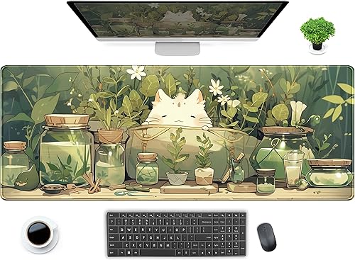 Tapete de escritorio beige con hojas tropicales verdes, XL, extendido, grande, para mouse, videojuegos, computadora, laptop, teclado, mouse, 31.5 x