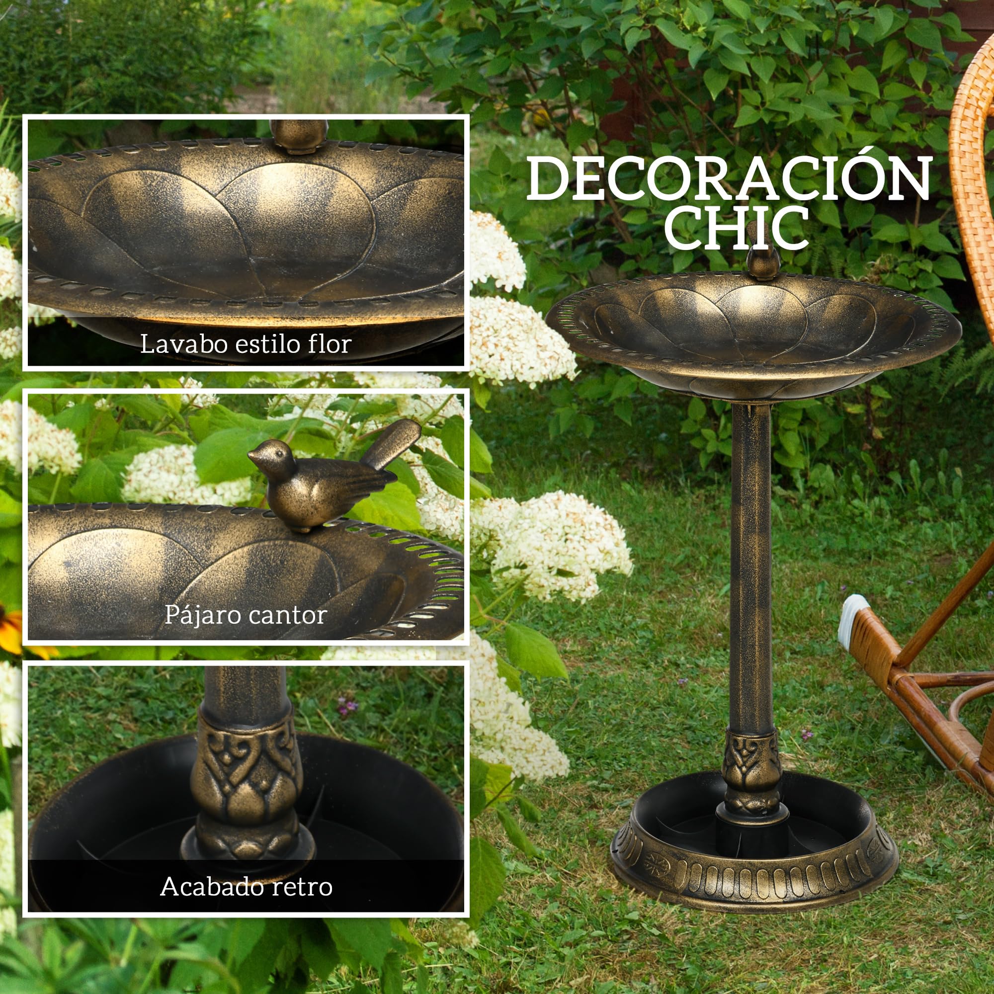 Outsunny Baño para Pájaros de Jardín Exterior, Altura 72 cm, Comedero para Pájaros con Diseño Retro y Elegante, Resistente a la Intemperie y Ligero, Bebedero para Aves al Aire Libre, Bronce