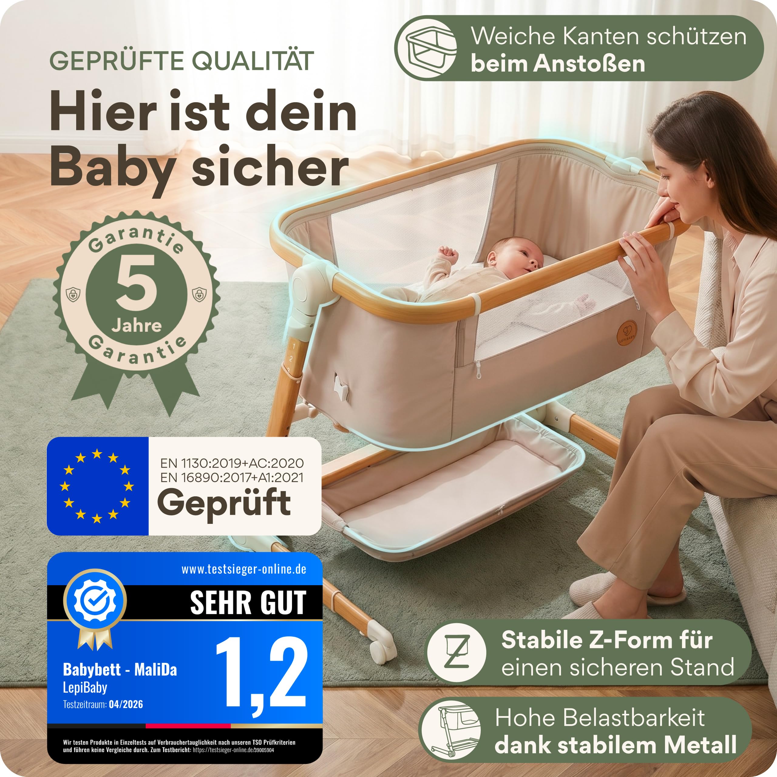 MaliDa Babybett mit Rollen | Beistellbett Baby Boxspringbett | Stubenwagen Höhenverstellbar mit Wiegefunktion | Reisebett Baby mit Matratze | Bett, Babywiege, Crib, Bassinet, Bed | Hell