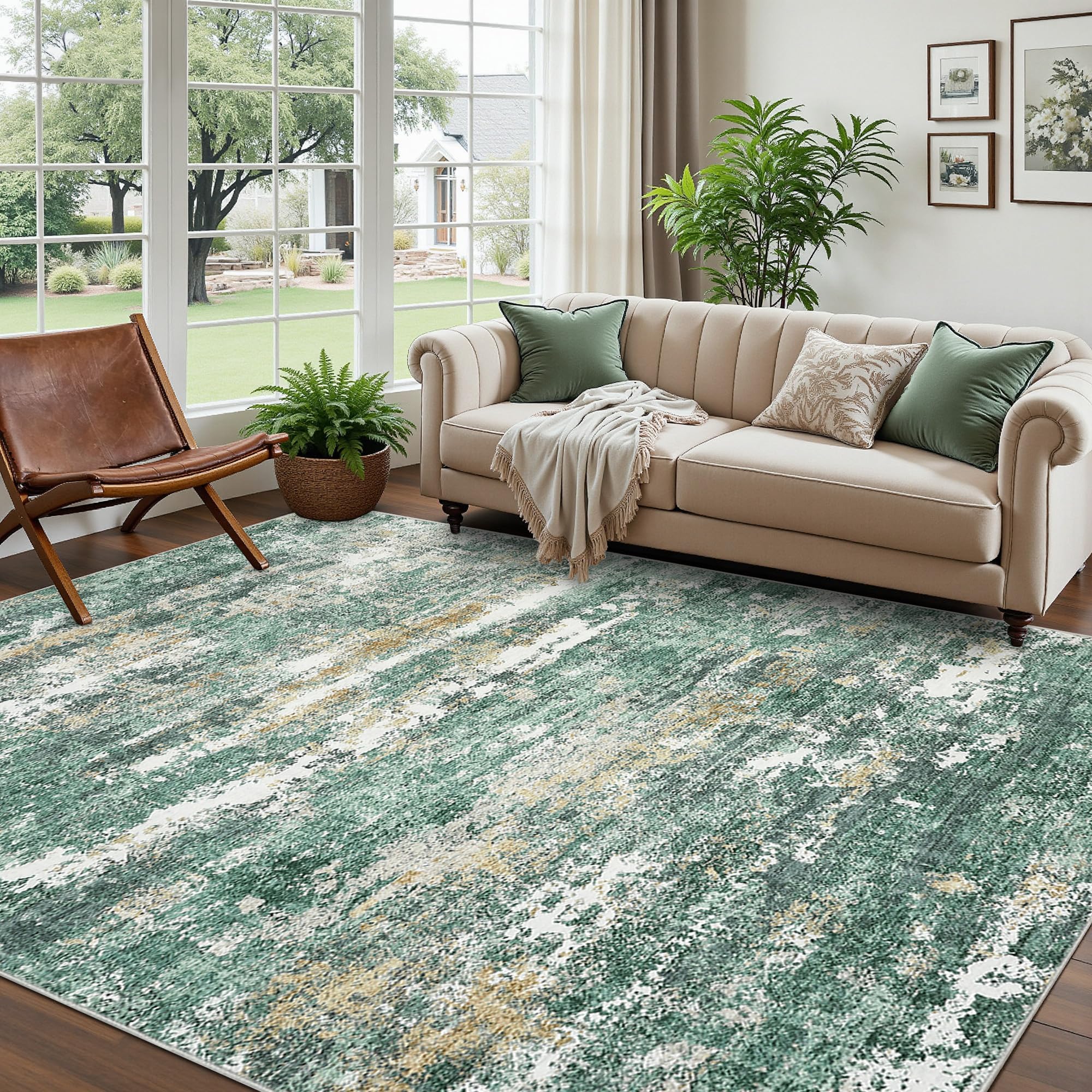 GarveeHome 6x9 Area Rug for Living Room Machine Washable Abstract Rug Modern Non-Slip Backing Soft Stain Resistant Green