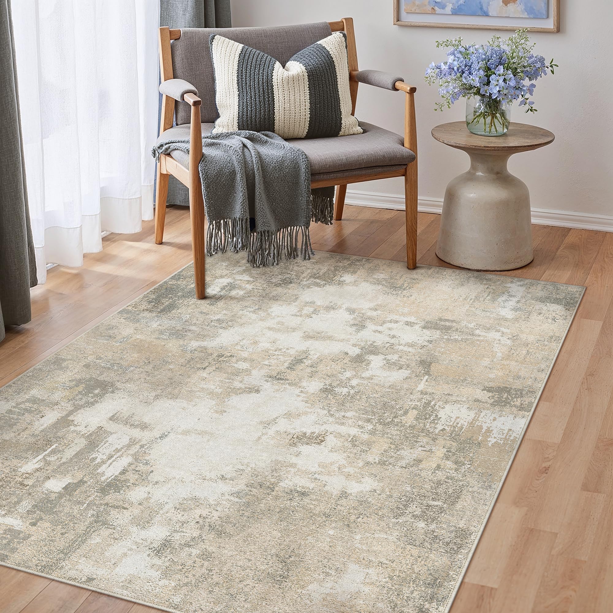 PureCozy Abstract Washable Rugs 90x150cm Beige Living Room Short Pile Area Rug Modern Non Slip Runner Rug for Doorway Entryway Soft Carpet Rug for Bedroom Kitchen Hallway Decor